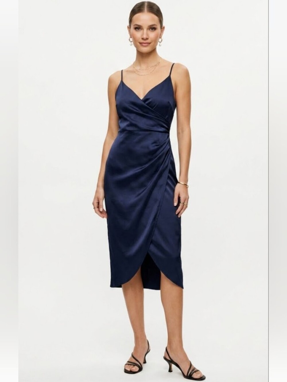 Satin Classic Navy Slip Dress with V-Neck (L)